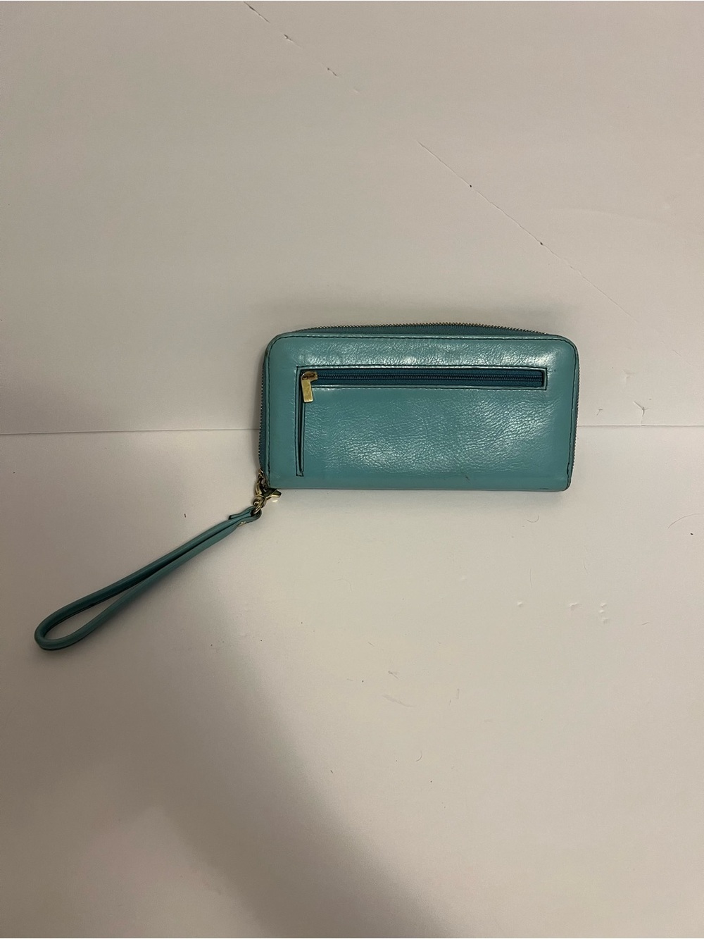 Fossil Teal Aqua Zip Around Wristlet Wallet Gold Hardware